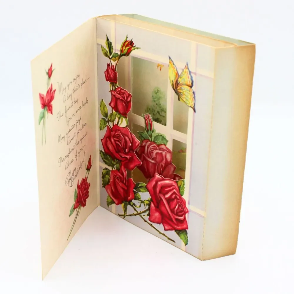 Vintage 1930s 3D Birthday Greeting Card Red Roses Garden Shadow Box Pop Up Style